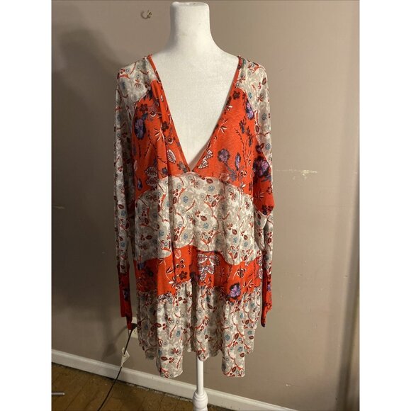 Free People Boho Flowy Dress Teierd Ruffles Semi-Sheer Floral Sz S Oversized - Picture 1 of 9